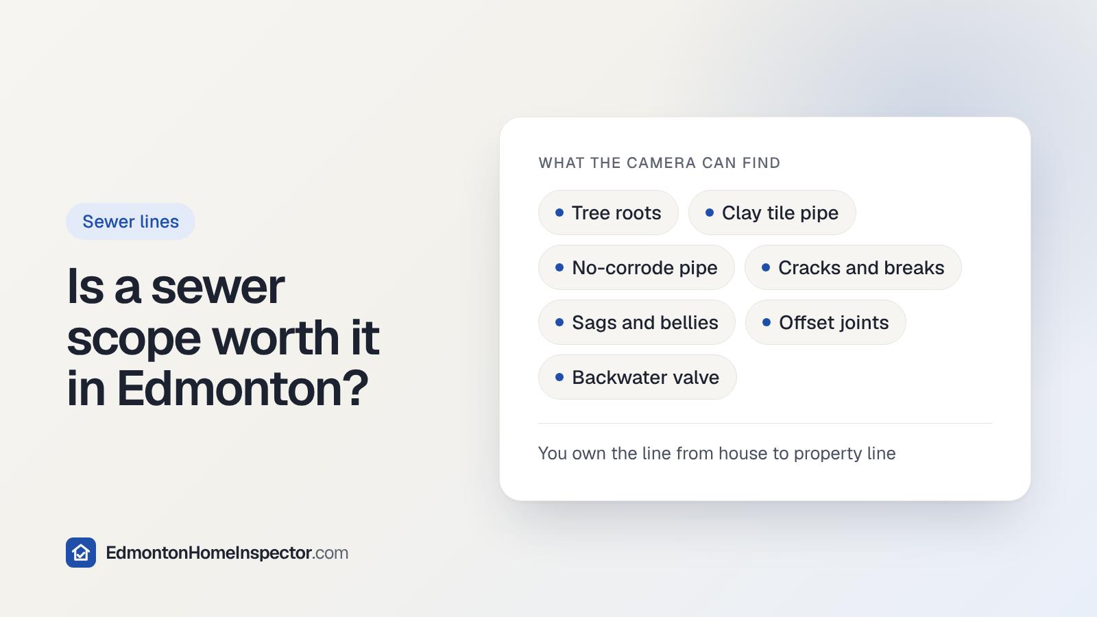 Card titled Is a sewer scope worth it in Edmonton, listing what a sewer camera can find, including tree roots, clay or no-corrode pipe, cracks, sags and offset joints.